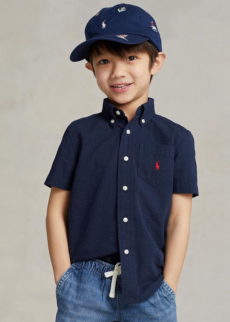 ラルフ ローレン シャツ ボーイ ネイビー 1.5-6 年 コットン Seersucker 短い-袖 ODTNP8152